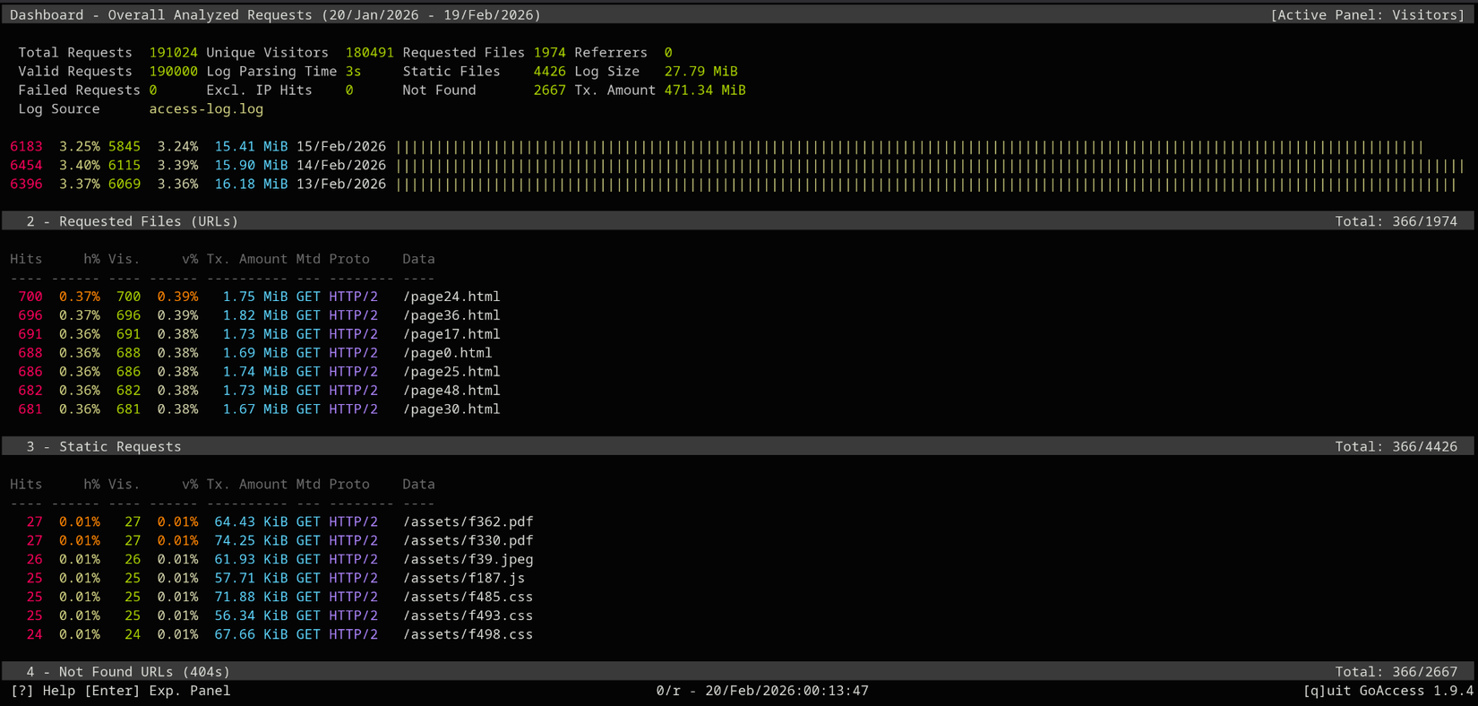 Screenshot of Goaccess web server log analysis tool running in a terminal