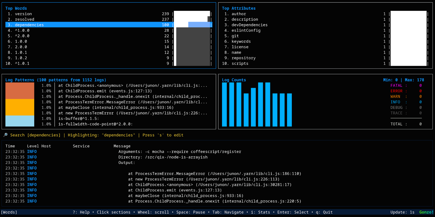Screenshot of gonzo terminal log analysis tool