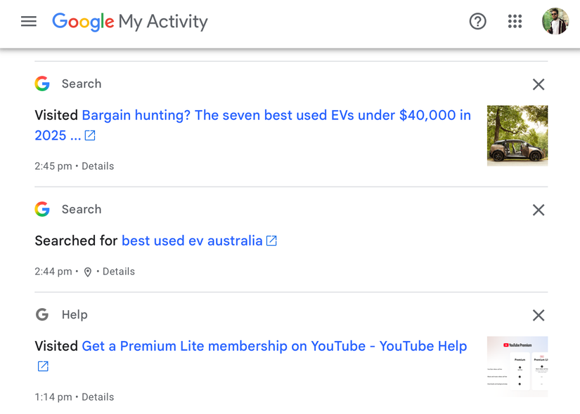 Google My Activity center.