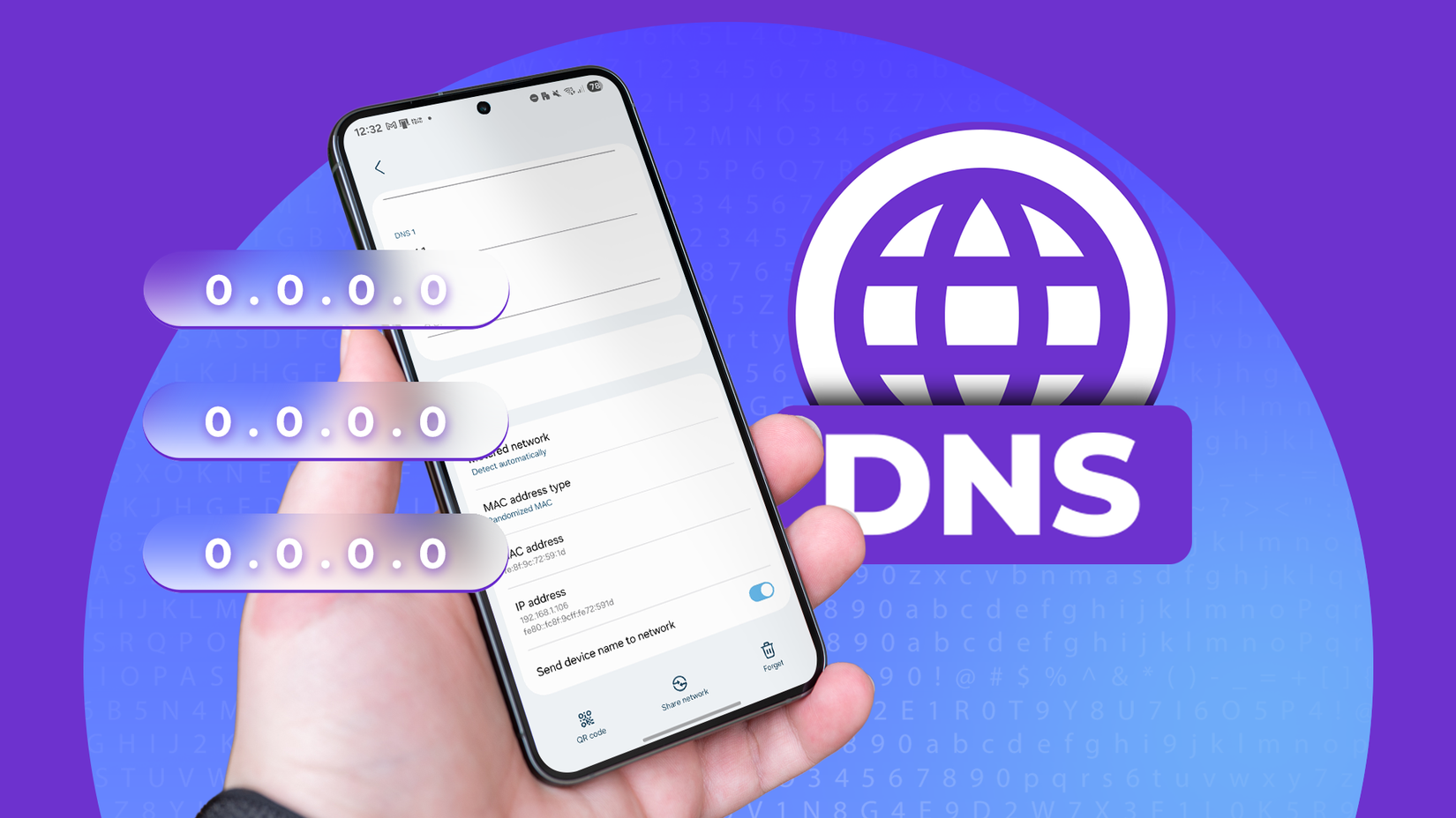 Hand holding a smartphone displaying network settings with a large DNS icon and floating IP address bubbles.