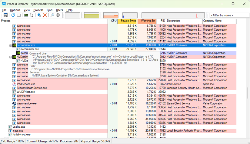 Hovering over an application to see which arguments were passed when it was launched.