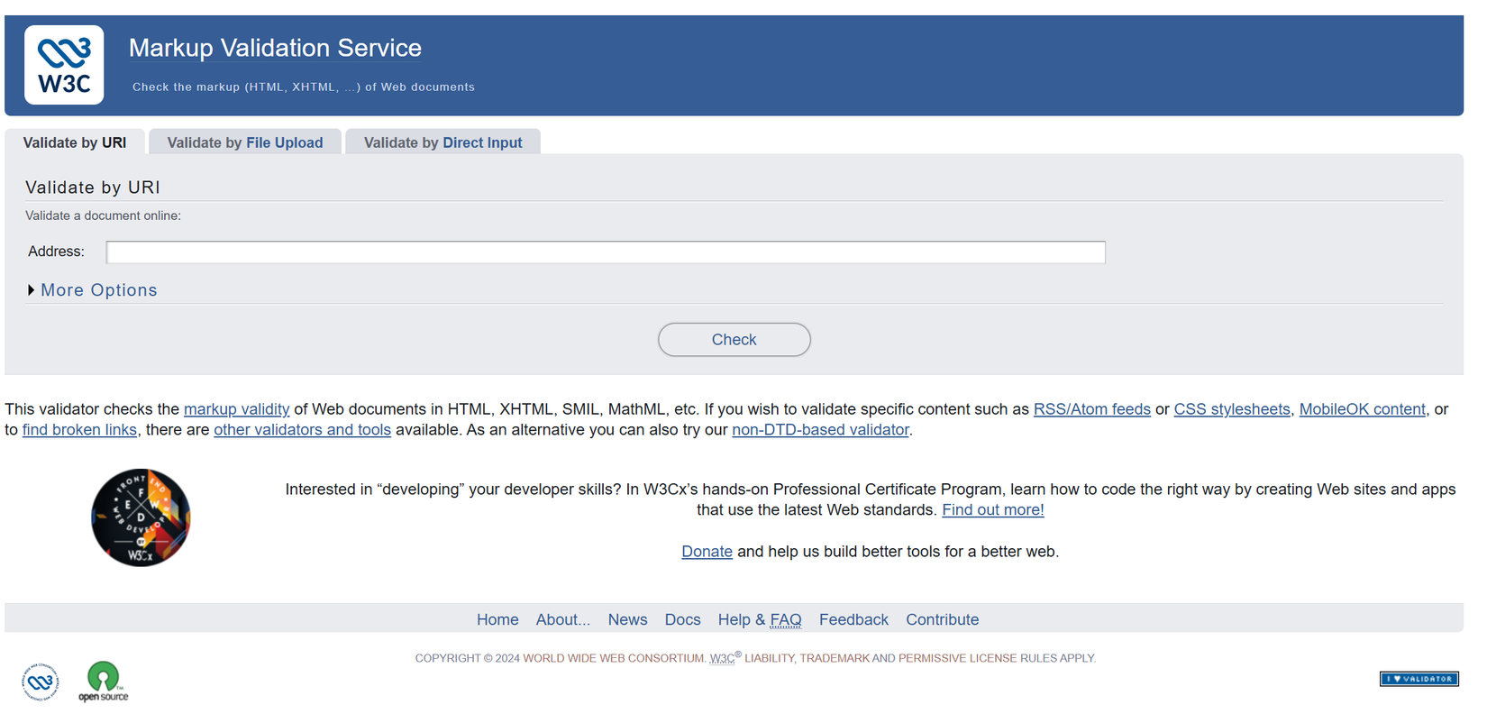 HTML コードを検証するために使用されるツール、W3C Markup Validation Service のスクリーンショット