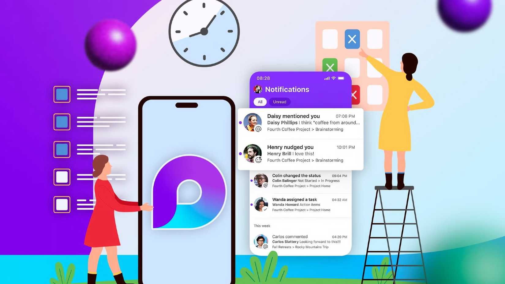 Illustration d'un téléphone avec le logo Microsoft Loop, deux personnes autour de lui et une capture d'écran de Loop.