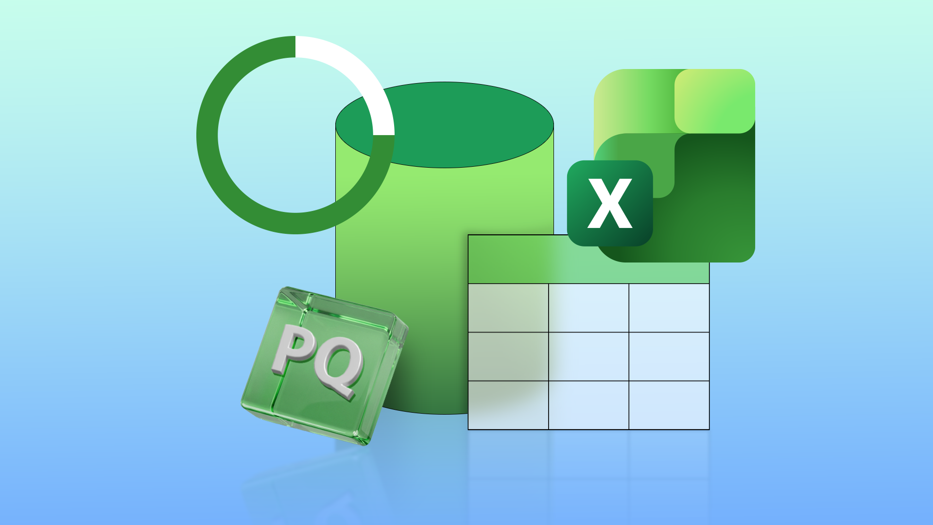 Illustration with Excel and Power Query (PQ) icons, a data table grid, a circular chart, and a cylinder shape.