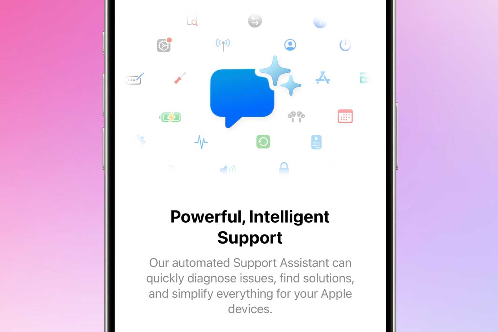 Intelligent support agent in the Apple Support app on an iPhone in front of a colorful background.