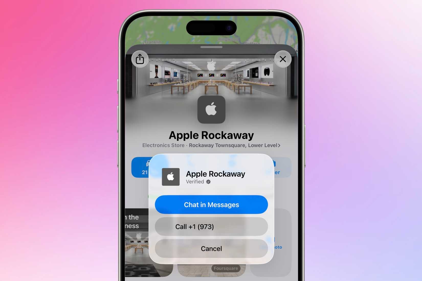 Options to contact Apple Support through the Maps app on an iPhone in front of a colorful background.