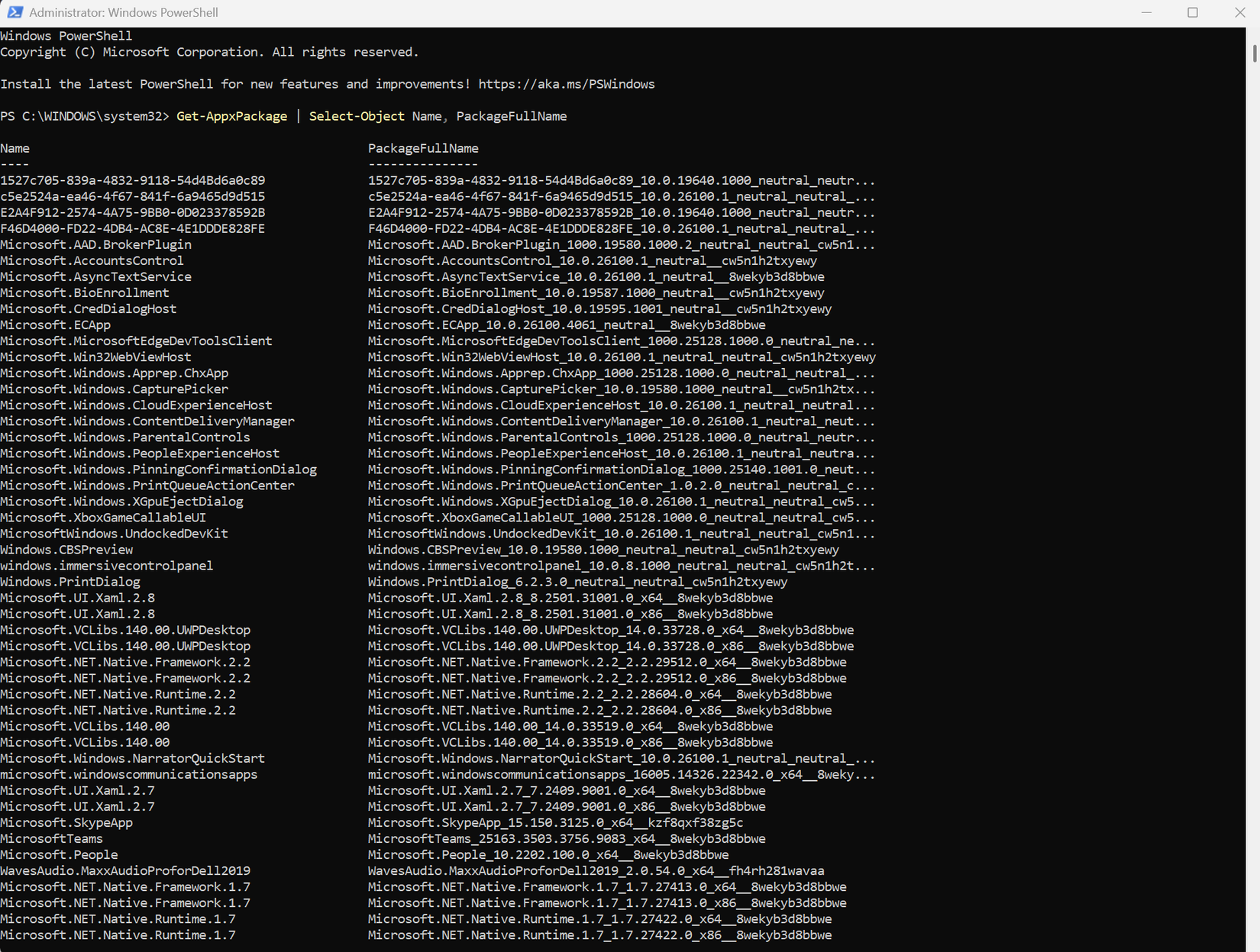 A screenshot of Windows PowerShell showing a script that looks at items installed from the Windows store.