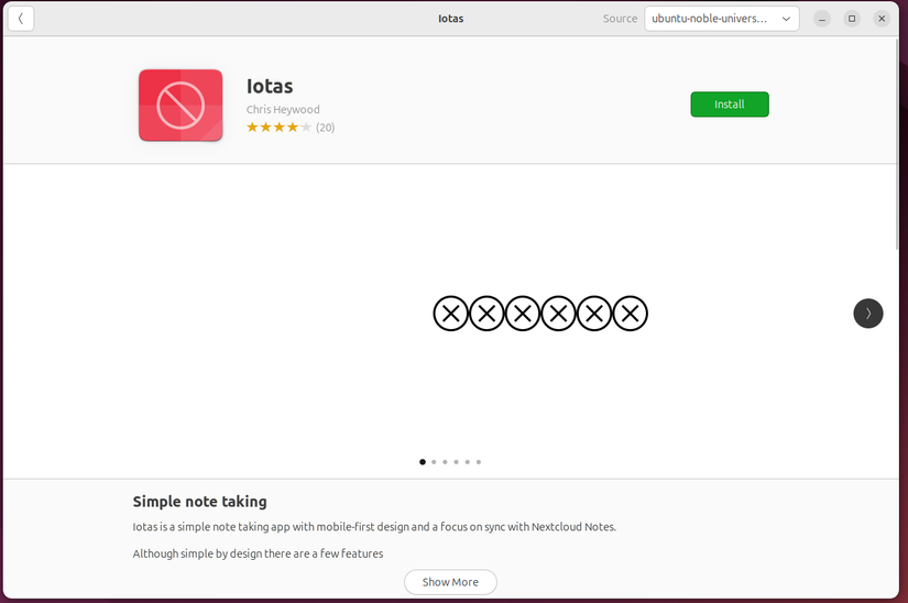 Iotas note-taking app in the Ubuntu Software center.