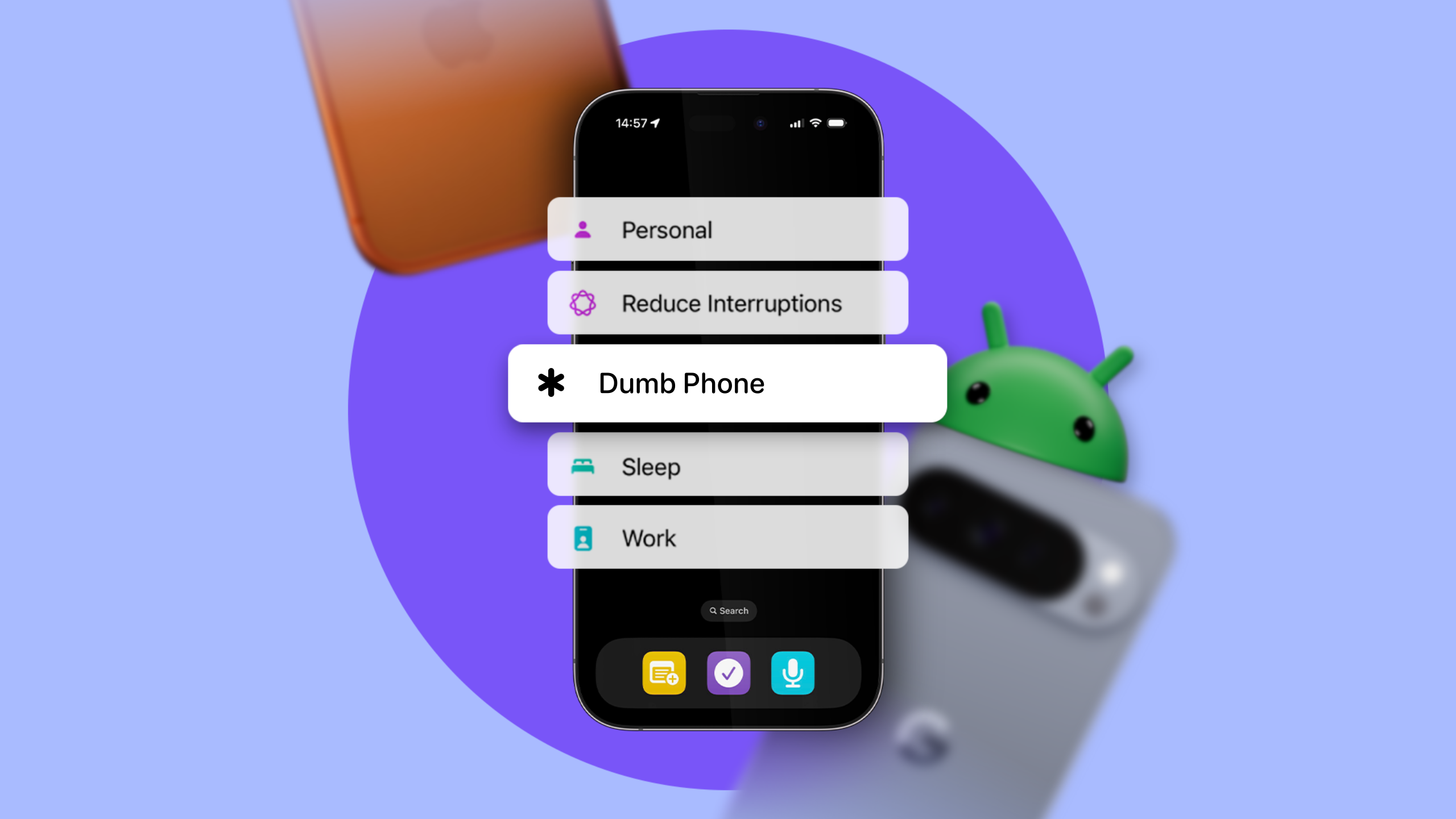 iPhone showing Focus mode menu with options like Personal, Do Not Disturb, Sleep, and Work.