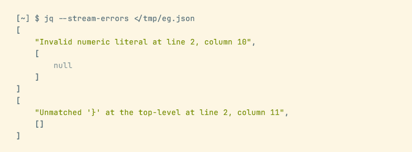 The jq program outputting an array of errors, each of which contains an error message and an array with further data.