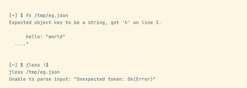 Two command-line programs run against a malformed JSON file. Each reports a different error message.