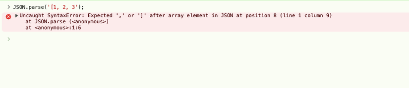 A web browser JavaScript console showing a JSON parse error.