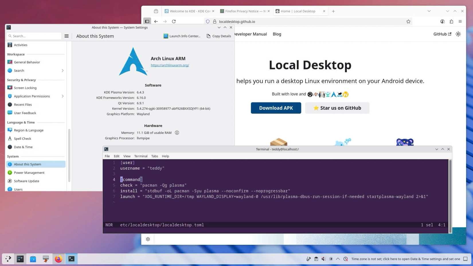 KDE Plasma running on Android using Local Desktop.