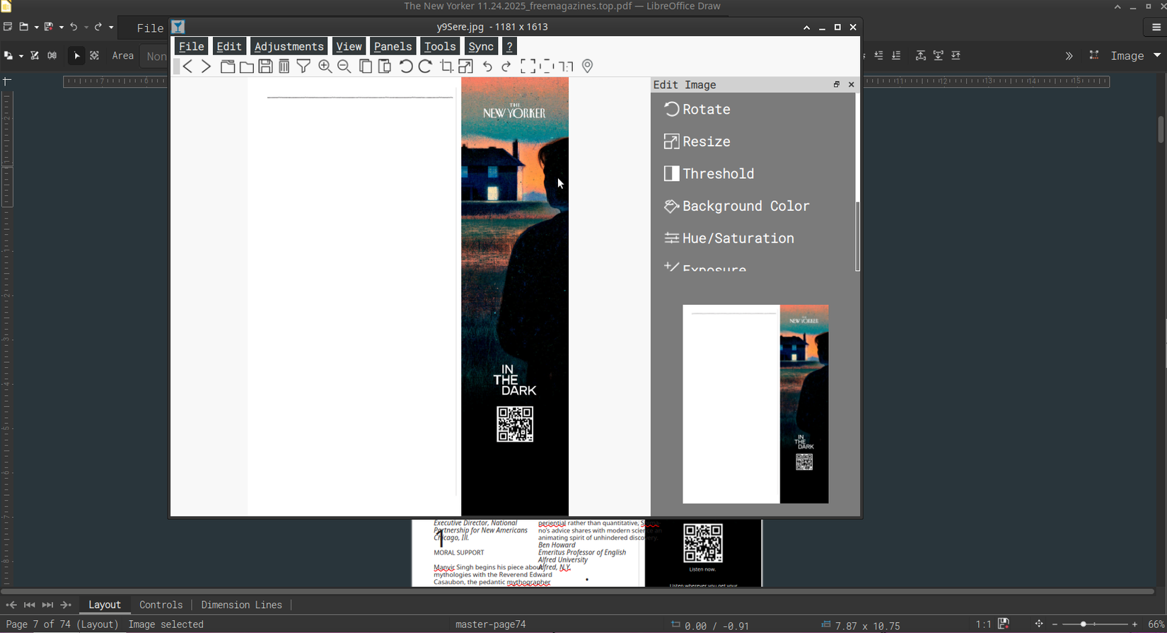 LibreOffice Draw has a built-in image editor.