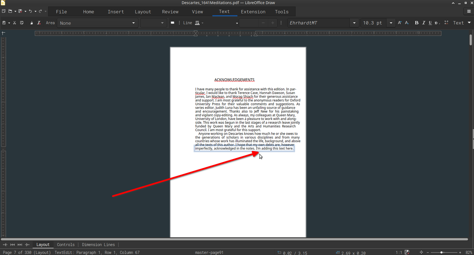 Editing text in a PDF using LibreOffice Draw.