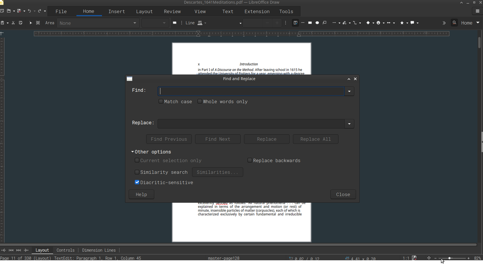 Find and replace tools in LibreOffice Draw.