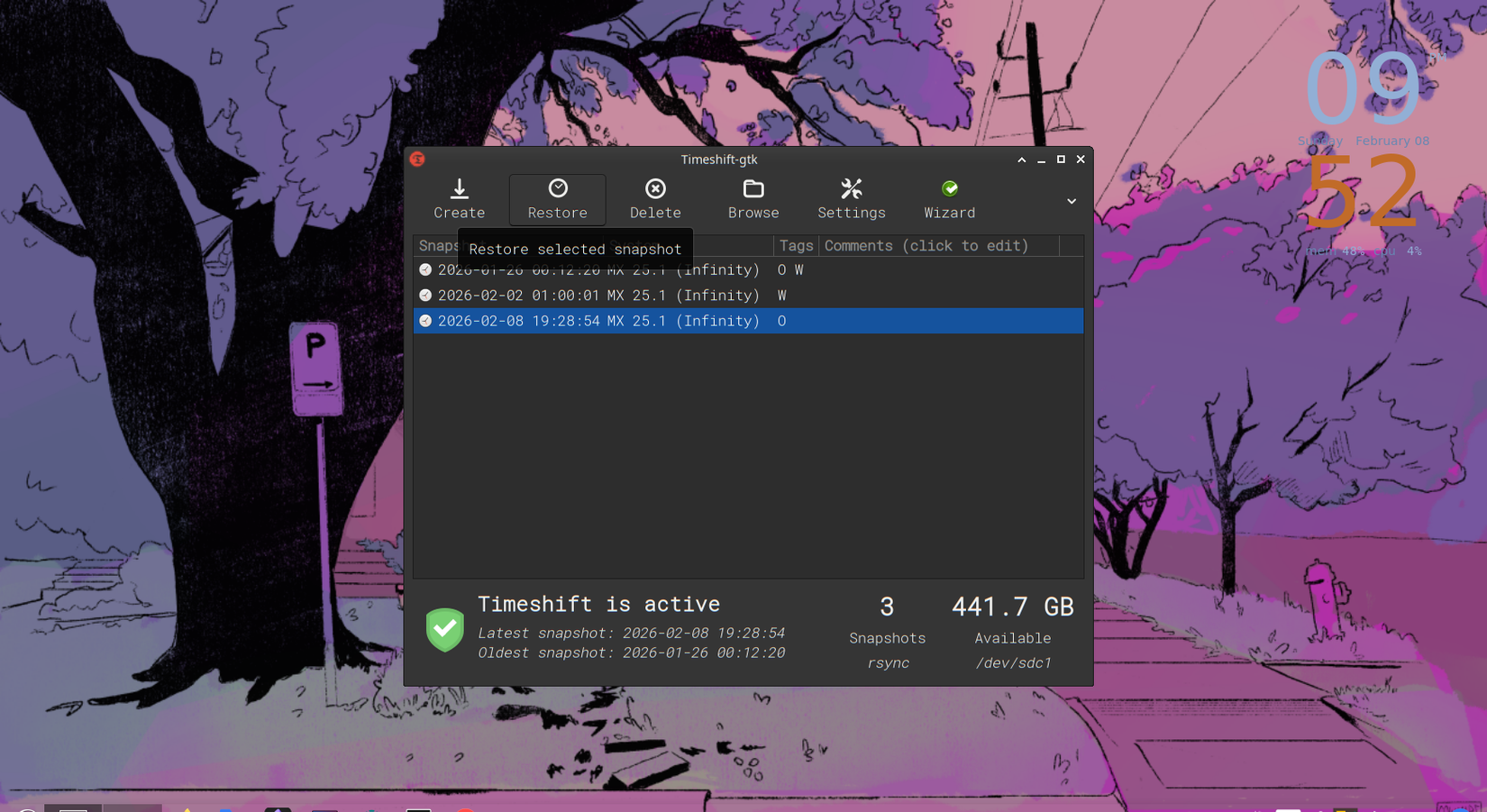 Восстановление системы через Timeshift.