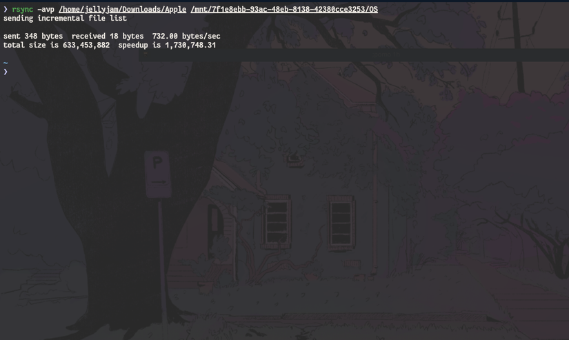 Using rsync to copy a folder from PC to an external drive, creating an incremental backup.