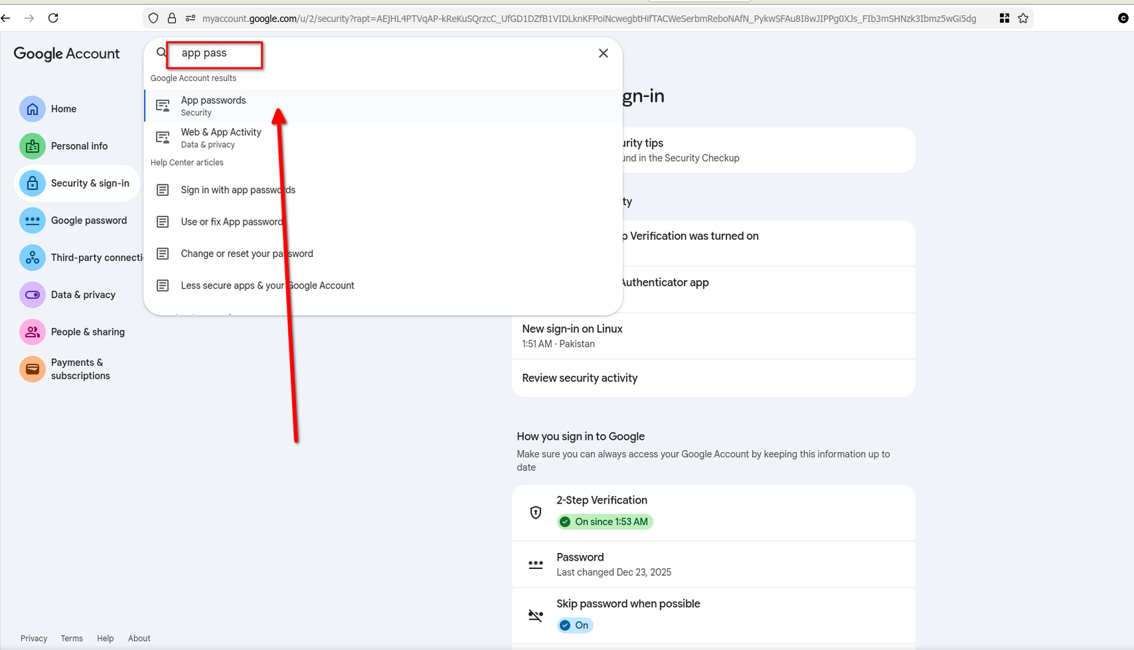 Creating a new app password with Google.