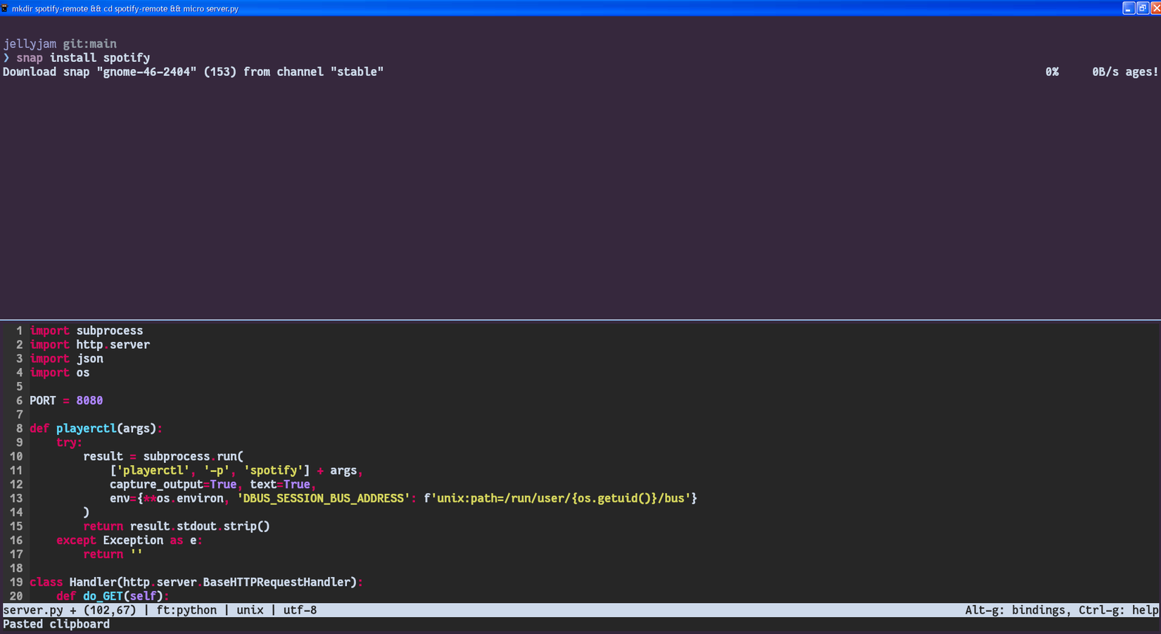 Tento terminál ukazuje dve okná, kde je scripta Spotify klient nastavený.