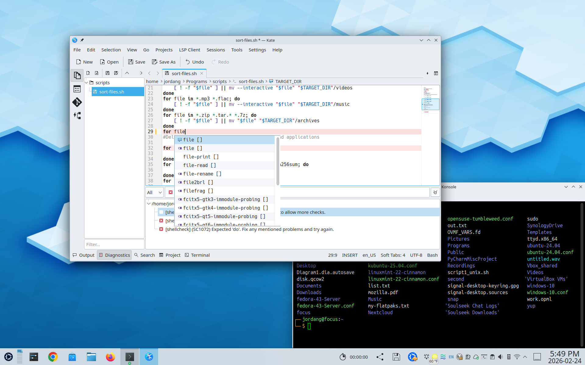 Kubuntu Linux 24.04 LTS desktop with the Kate text editor and a terminal window open.