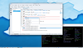 Kubuntu Linux 24.04 LTS desktop with the Kate text editor and a terminal window open.