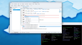 Kubuntu Linux 24.04 LTS desktop with the Kate text editor and a terminal window open.
