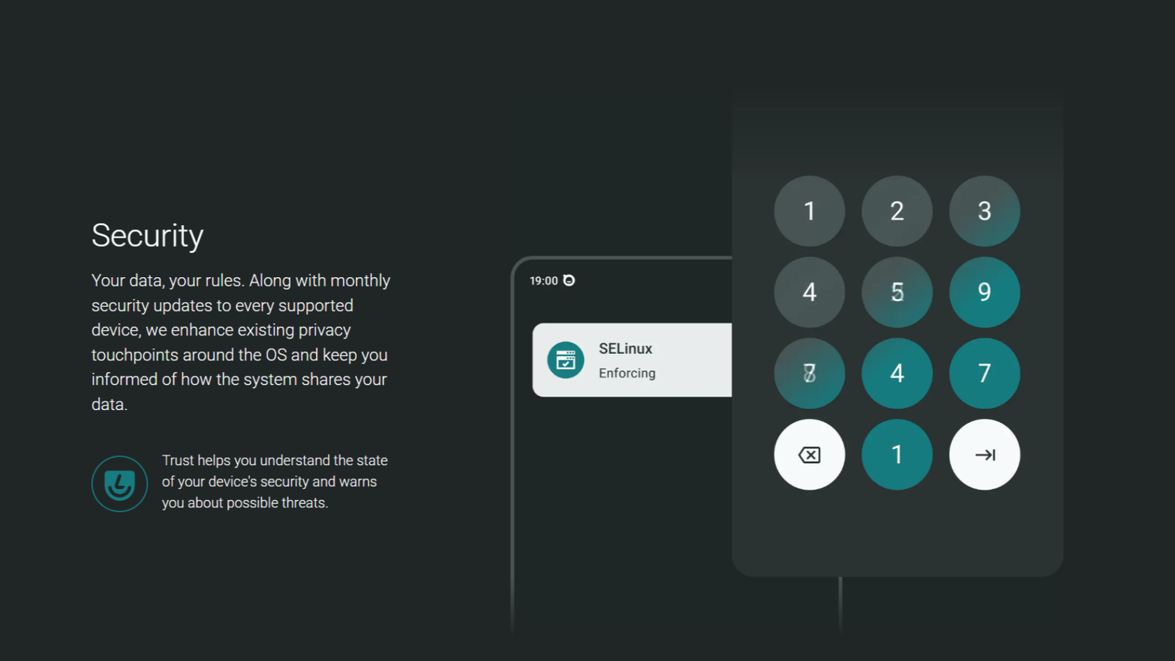 A slide listing LineageOS security features. 