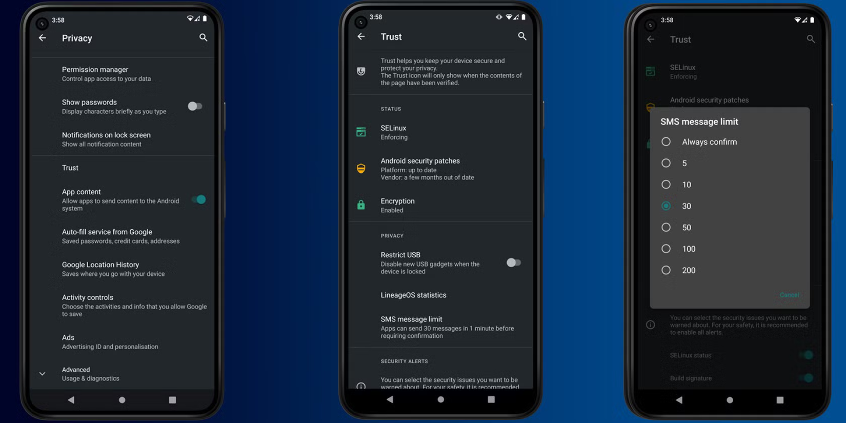 The Trust menu included with LineageOS, with various options available in it. 