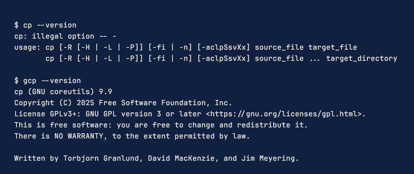 A macOS system showing that the command cp is a non-GNU version, while gcp runs the coreutils equivalent.