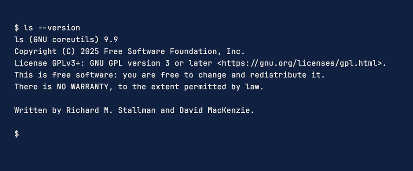 Output from the ls command with the --version option giving the version number as 9.9, followed by a copyright notice and license details.