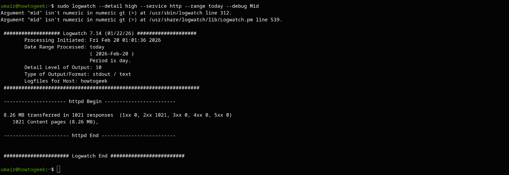 screenshot of logwatch log analysis and summarizer tool running in terminal