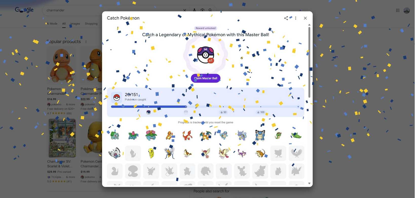 The Master Ball celebration in Google's Pokemon game.