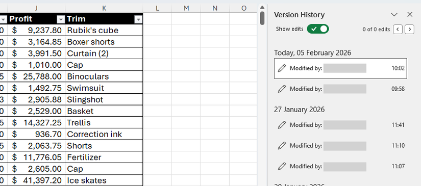 Microsoft Excel's Version History sidebar showing a list of saved versions with dates and timestamps next to a spreadsheet table.