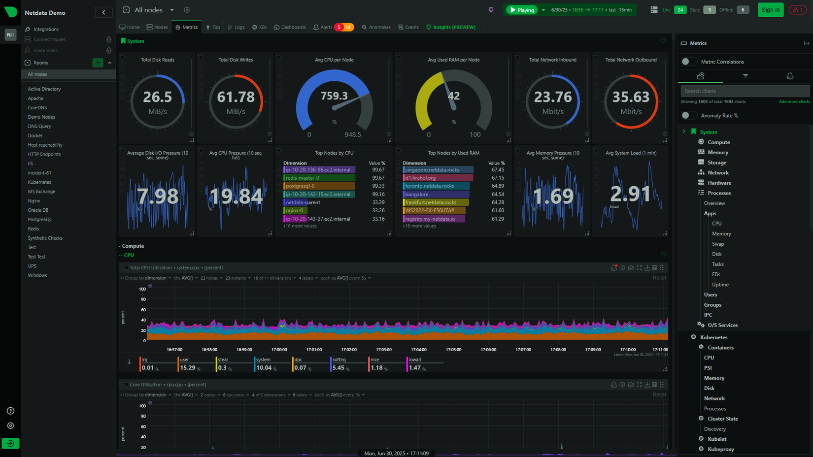 NetData ল্যান্ডিং পৃষ্ঠা সার্ভার ব্যবহার দেখাচ্ছে।