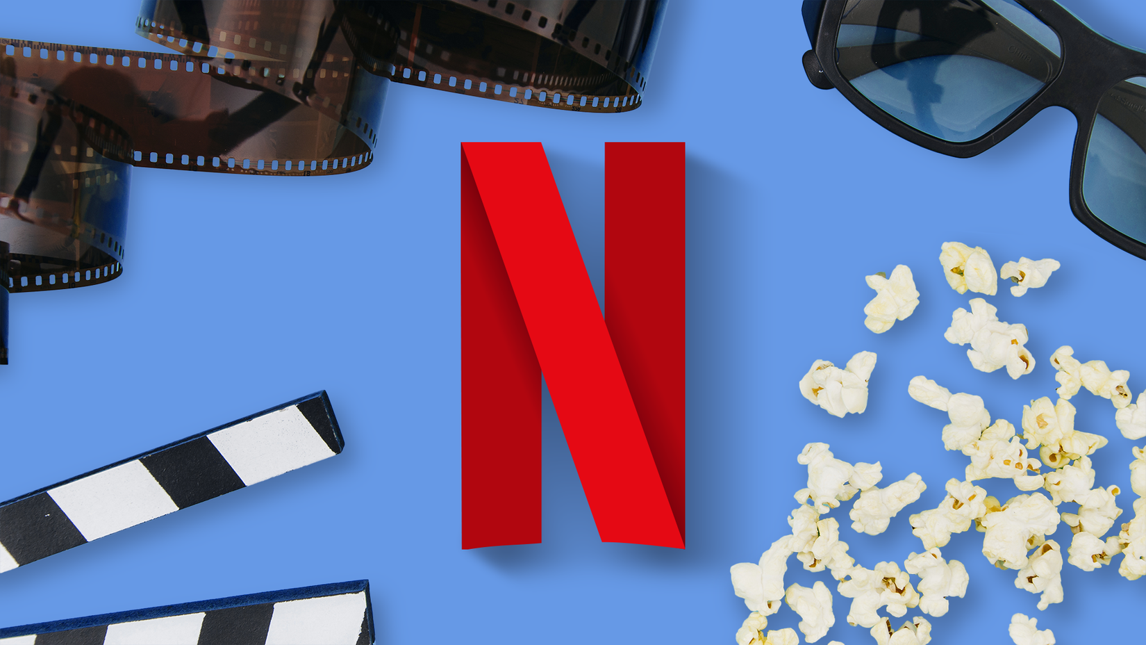 Netflix 'N' logo on a blue background surrounded by a film strip, clapperboard, 3D glasses, and popcorn.