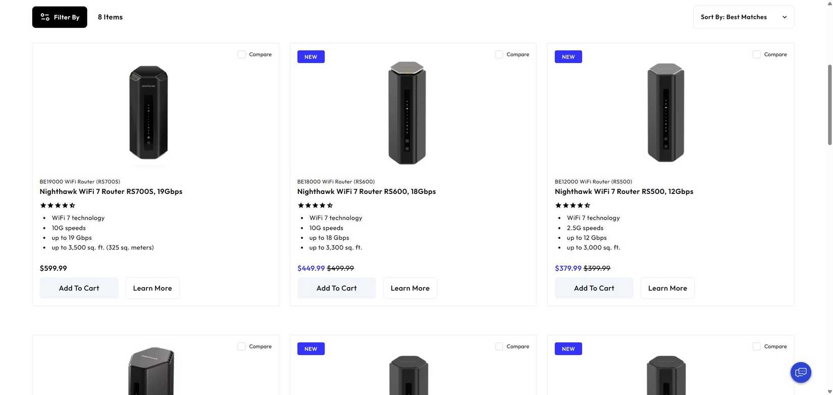 A list of Netgear routers on its website.