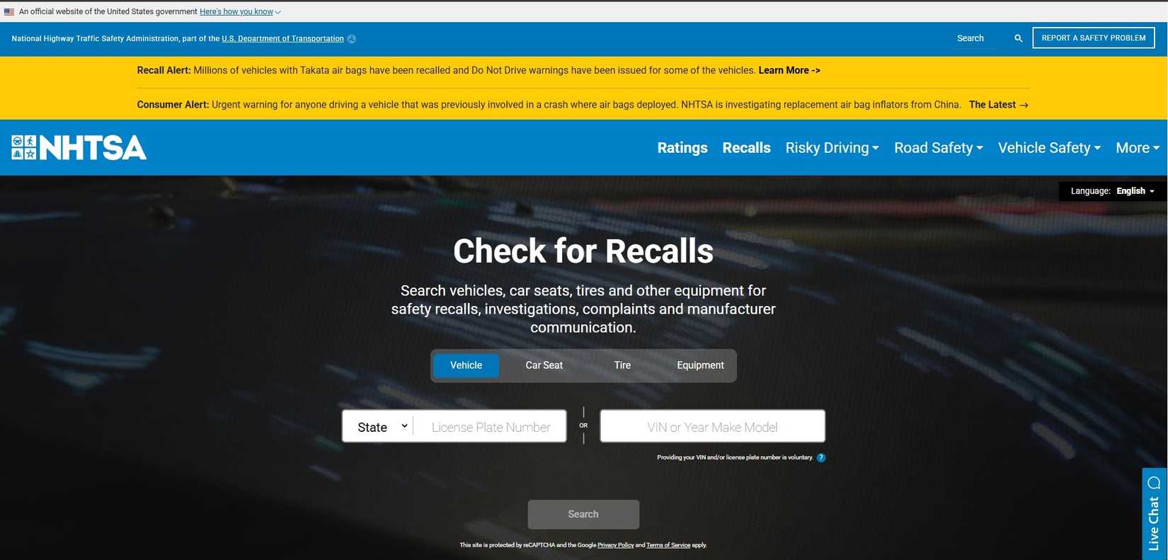 Screenshot of the NHTSA safety recalls page