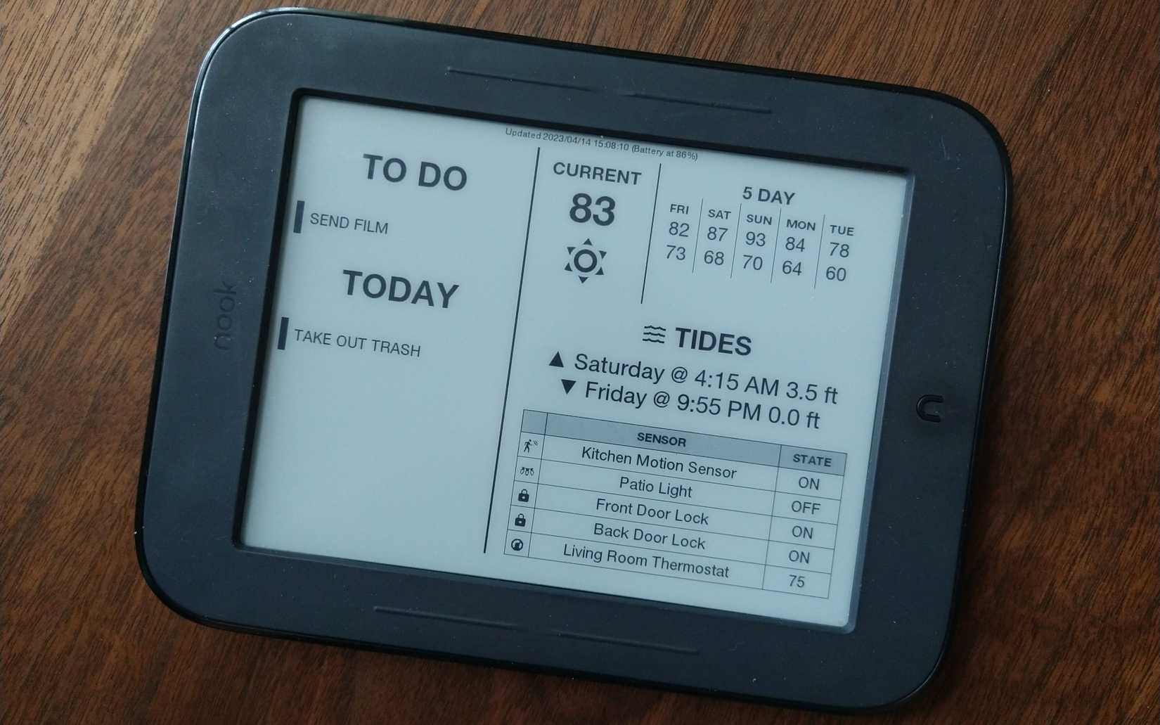 A Nook Simple Touch used as an e-ink dashboard.