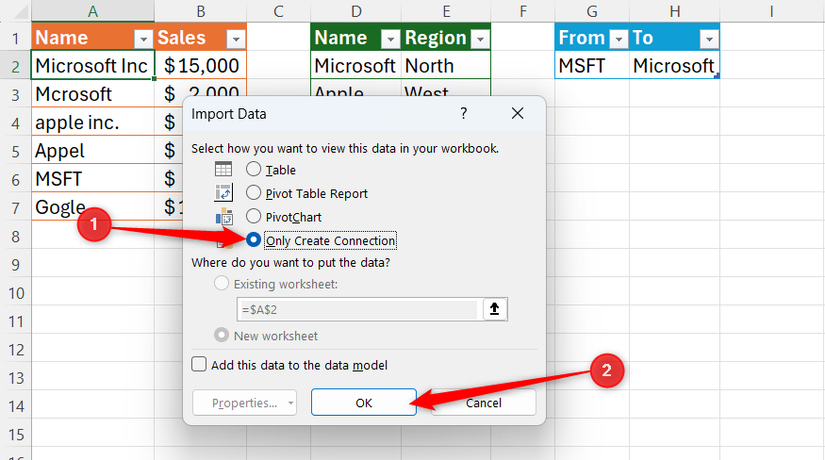 Only Create Connection in Excel's Import Data dialog is checked.