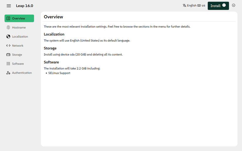 OpenSUSE Leap server installation menu.