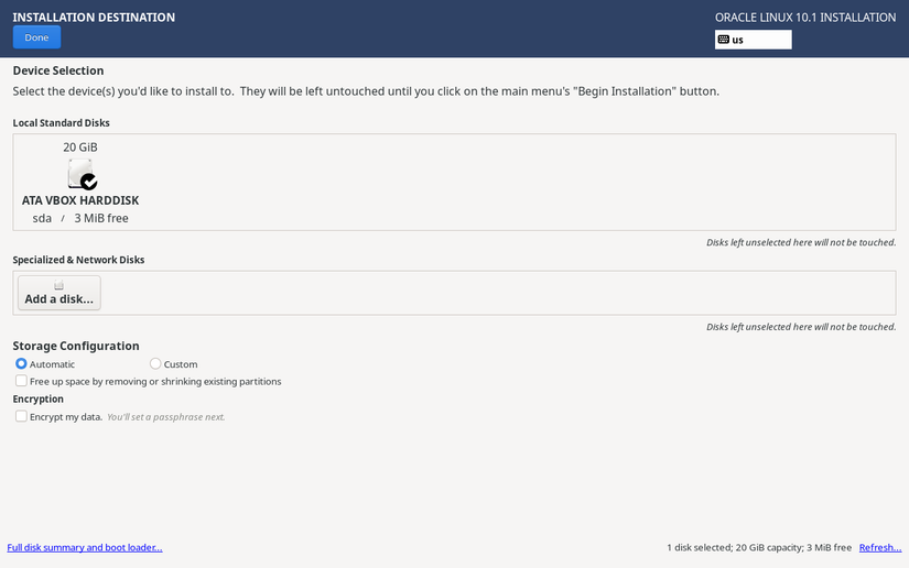 Oracle Linux drive selection screen.