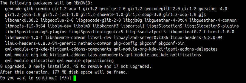 Salida del comando apt autoremove, que muestra varios paquetes preparados para ser eliminados.