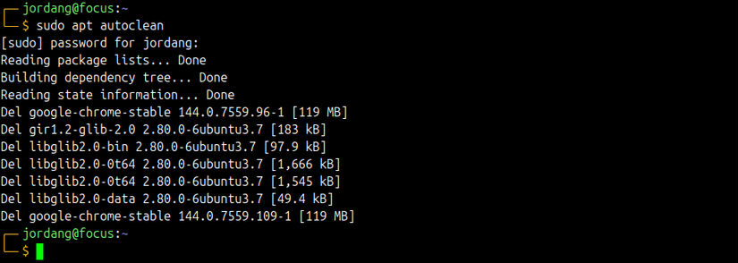 Salida del comando apt clean, que muestra varios archivos eliminados.