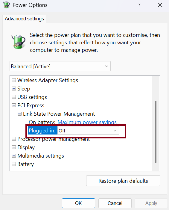 PCI Link state power management disabled in Windows 11.