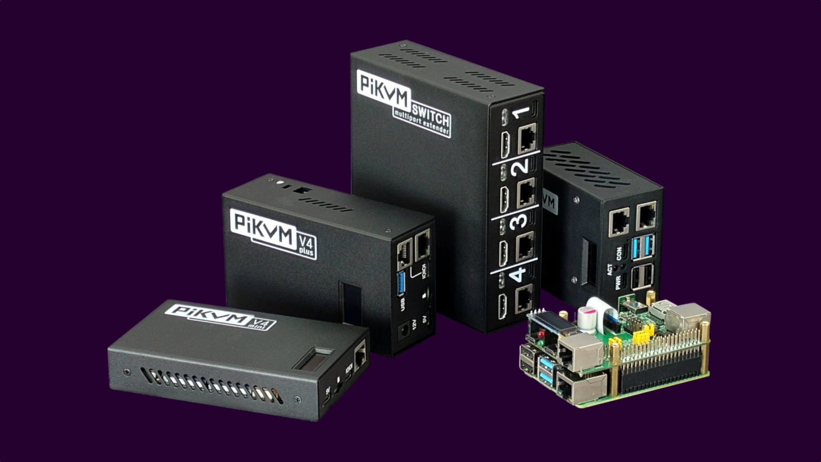 Dispositivos PiKVM em um fundo roxo.