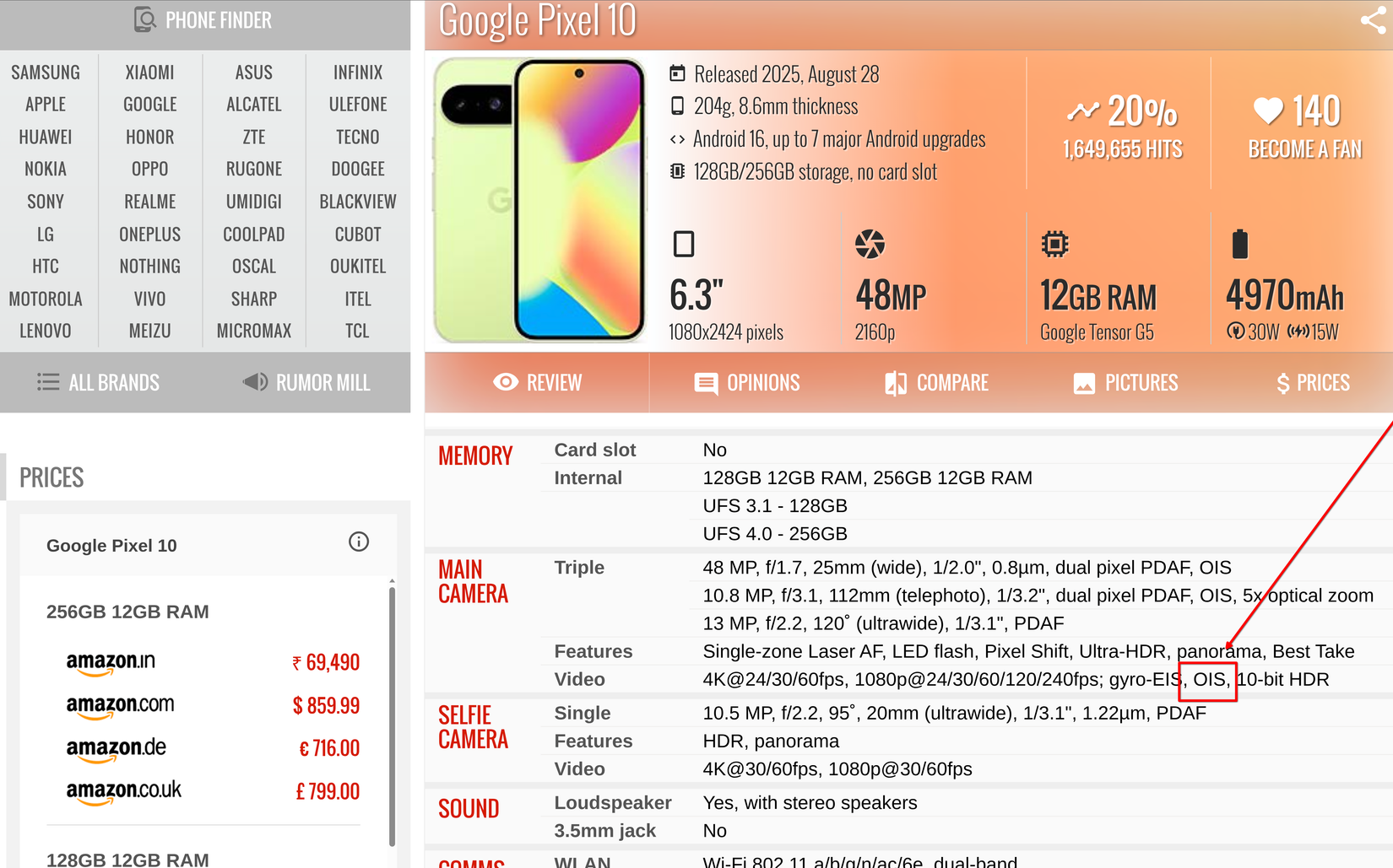 Pixel 10 main page on GSMArena with the OIS spec highlighted.