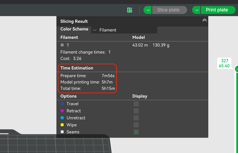 Print time estimate in Bambu Studio.
