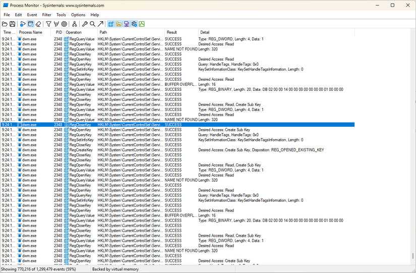 Process Monitor showing what dwm.exe is doing.