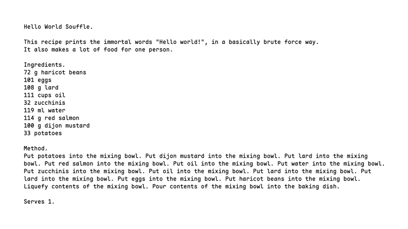 A source code file that looks like a food recipe, with sections for "Ingredients" and "Method".